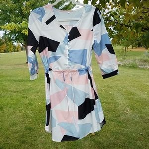 Tunic Blouse Mini Dress 3/4 sleeve v-neck color block pink blue black size Small